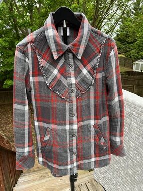 Cabi flannel ruffle Tavern shacket - orange and gray